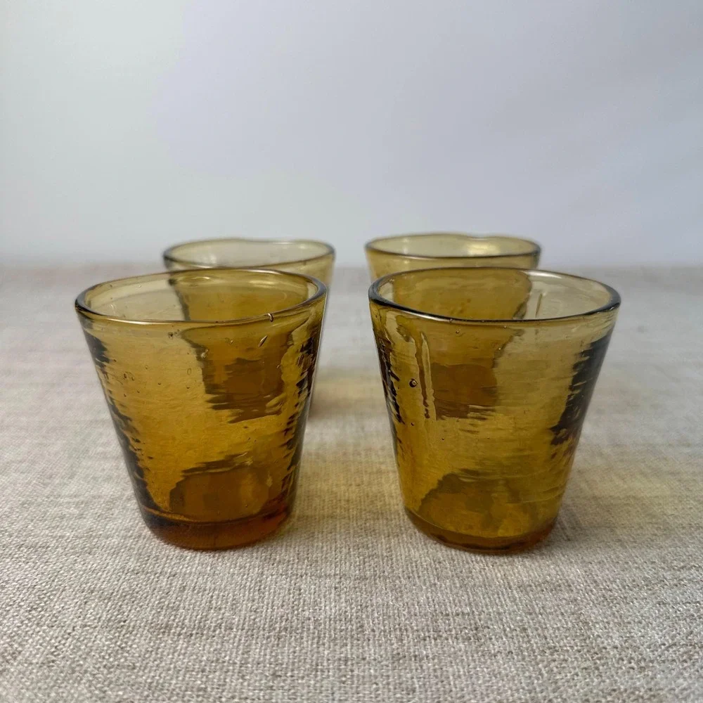 Hand Blown Amber Glass Petite Tumblers Set of 4 Pontil Bubble Art Glass Cups